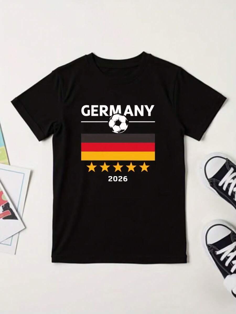 Unisex T-shirt gjord av ren bomull, fotbollströja för tyska lag för pojkar-2026, korta ärmar, tröja med nationalemblem & ikonisk femstjärnig design, maskintvättbar, lämplig för fotboll, träning, vardagskläder, sommarskjorta, blus, basplagg, toppar, sommarskjorta, blus, basplagg, toppar, T-shirt, kreativ design, lämplig för utomhuslek, cool stil, rolig design, perfekt för utomhuslek. - Svart - Visa 1
