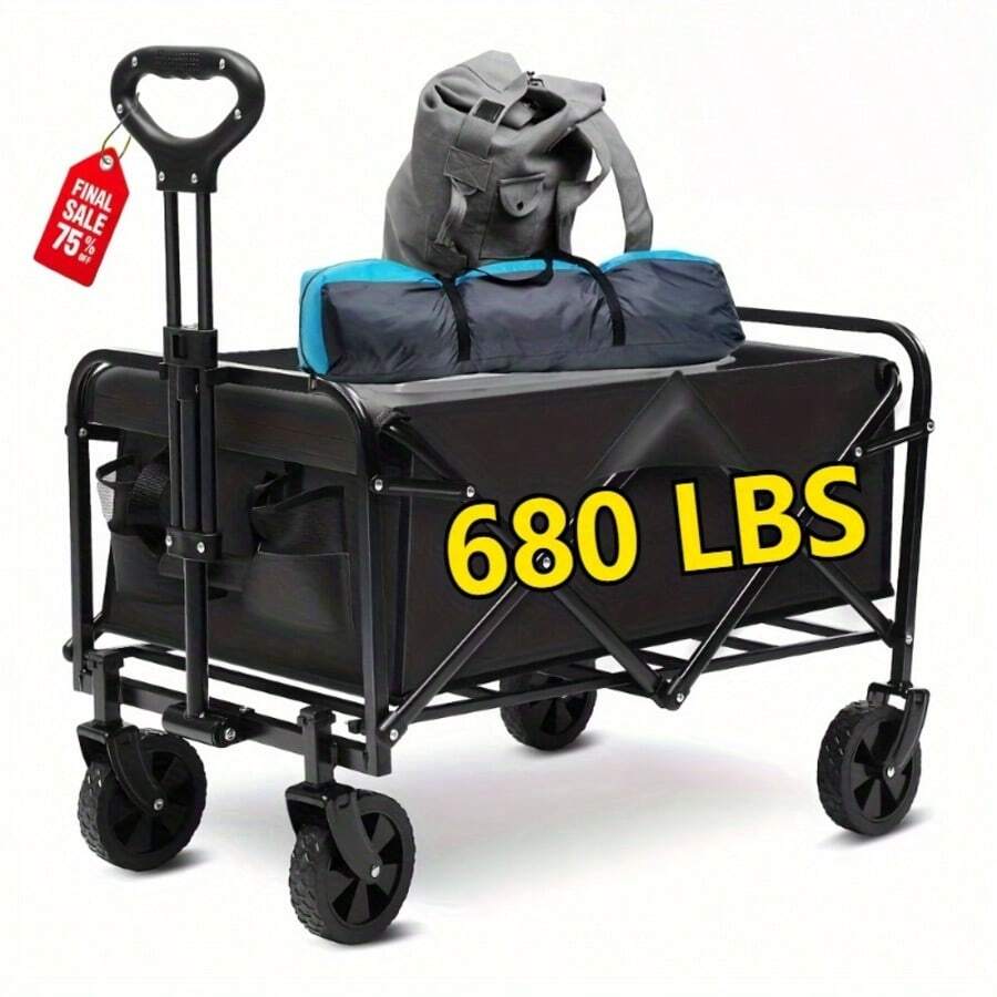 Collapsible Wagon Cart Foldable, 29.5" L Folding Beach Wagon With All-Terrain Wheels, Shopping Cart With 220/330/450/680lbs Capacity, Portable Camping Wagons Carts For Grocery Garden And Sports - Black - View 1