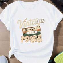 Camiseta de mujer con estampado retro de edición limitada vintage de 1966, con impresión de cinta de cinta de cera de primera calidad, resistente a la decoloración, duradera y vívida, repleta de encanto retro nostálgico, que ofrece un atractivo elegante y atemporal, ideal para días casuales y salidas, resalta tu gusto clásico único.Transpirable y cómoda. - Blanco - Ver 7