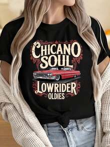 Camisetas para Hombre y Mujer con Cuello Redondo y Mangas Cortas, Estilo Vintage con Gráficos de Coches Clásicos, Estilo  Soul Lowrider Oldies. Estampados Divertidos Ideales para Fiestas de Navidad, Actividades Deportivas, Fiestas de Fin de Año, Salidas, Deportes y Otros Regalos Festivos. - Negro - Ver 1