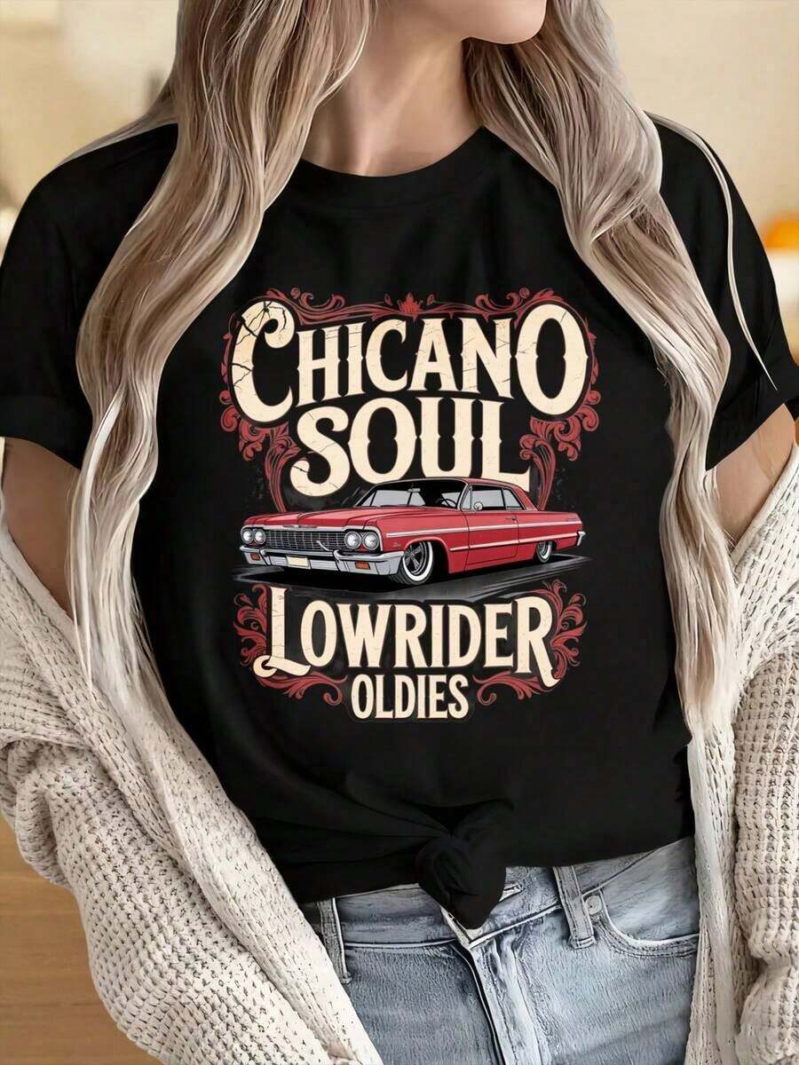 Camisetas para Hombre y Mujer con Cuello Redondo y Mangas Cortas, Estilo Vintage con Gráficos de Coches Clásicos, Estilo Soul Lowrider Oldies. Estampados Divertidos Ideales para Fiestas de Navidad, Actividades Deportivas, Fiestas de Fin de Año, Salidas, Deportes y Otros Regalos Festivos. - Negro - Ver 1