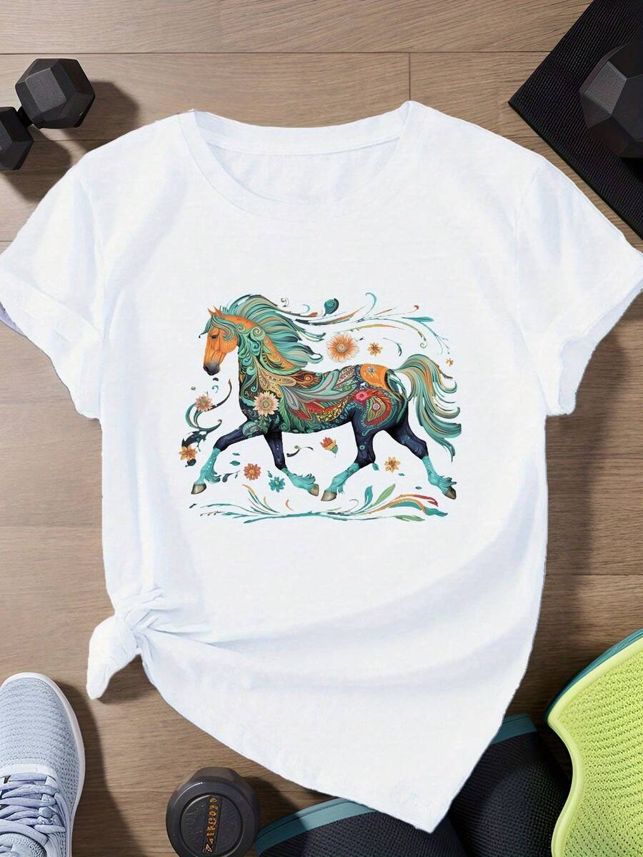 Camiseta de Mujer - Camiseta de Talla Grande con Estampado de Caballos y Paisley - Camiseta Casual de Manga Corta, Lavable a Máquina, Cuello Redondo, Adecuada para Todas las Temporadas. - Blanco - Ver 1