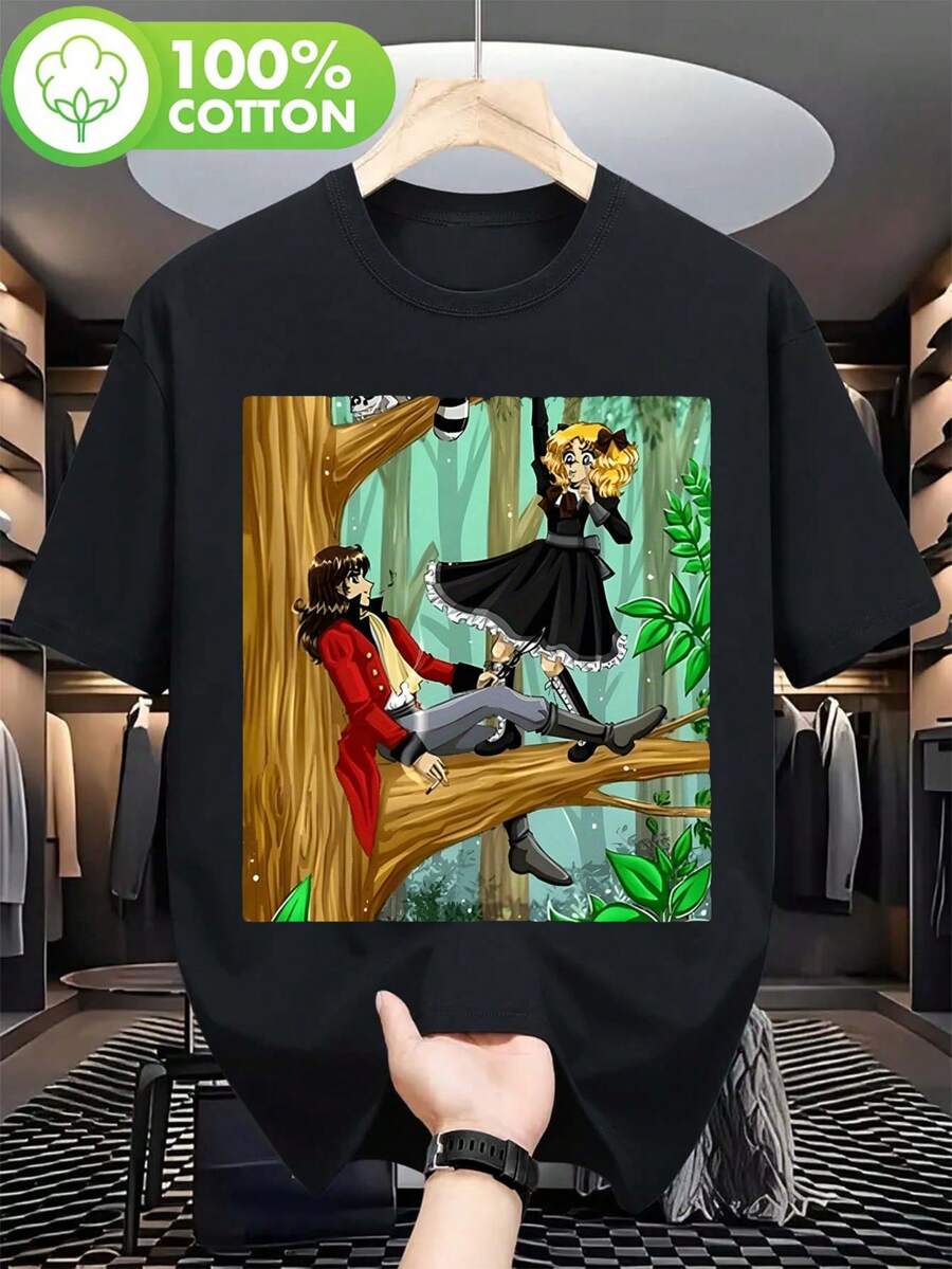 Camiseta Anime Negra para Hombre - Camiseta Gráfica con Escena de Bosque de Candy & Terry Grange y Personajes de Manga Japonés, Tejido Suave y Transpirable - Negro - Ver 1