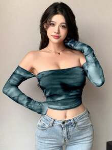 Parte superior de mujer de manga larga, hombros descubiertos, corta y de malla transparente con efecto tie dye, para salir, festivales de verano - Gris - Ver 3