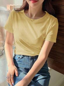 Camiseta de cuello redondo de manga corta de unicolor versátil y casual, tops estilo universitario - Amarillo - Ver 5