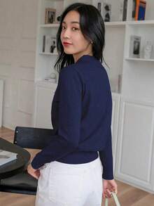 1 pieza Suéter de mujer de unicolor de manga larga, estilo casual de negocios para otoño, blusas de manga larga, ropa de mujer de otoño - Azul marino - Ver 2