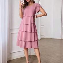 guangzhougaolangshangmao  Vestido de mujer de unicolor con cuello redondo, mangas cortas con volantes en los puños y dobladillo con volantes, vestido de moda para vacaciones, primavera y verano - Celeste - Ver 9