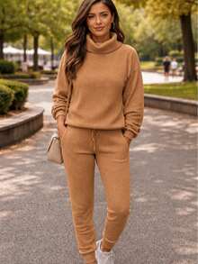 Set Of Pants And Turtleneck Sweater In Mousse Knit Fabric. - Caramel With a Fist - View 1