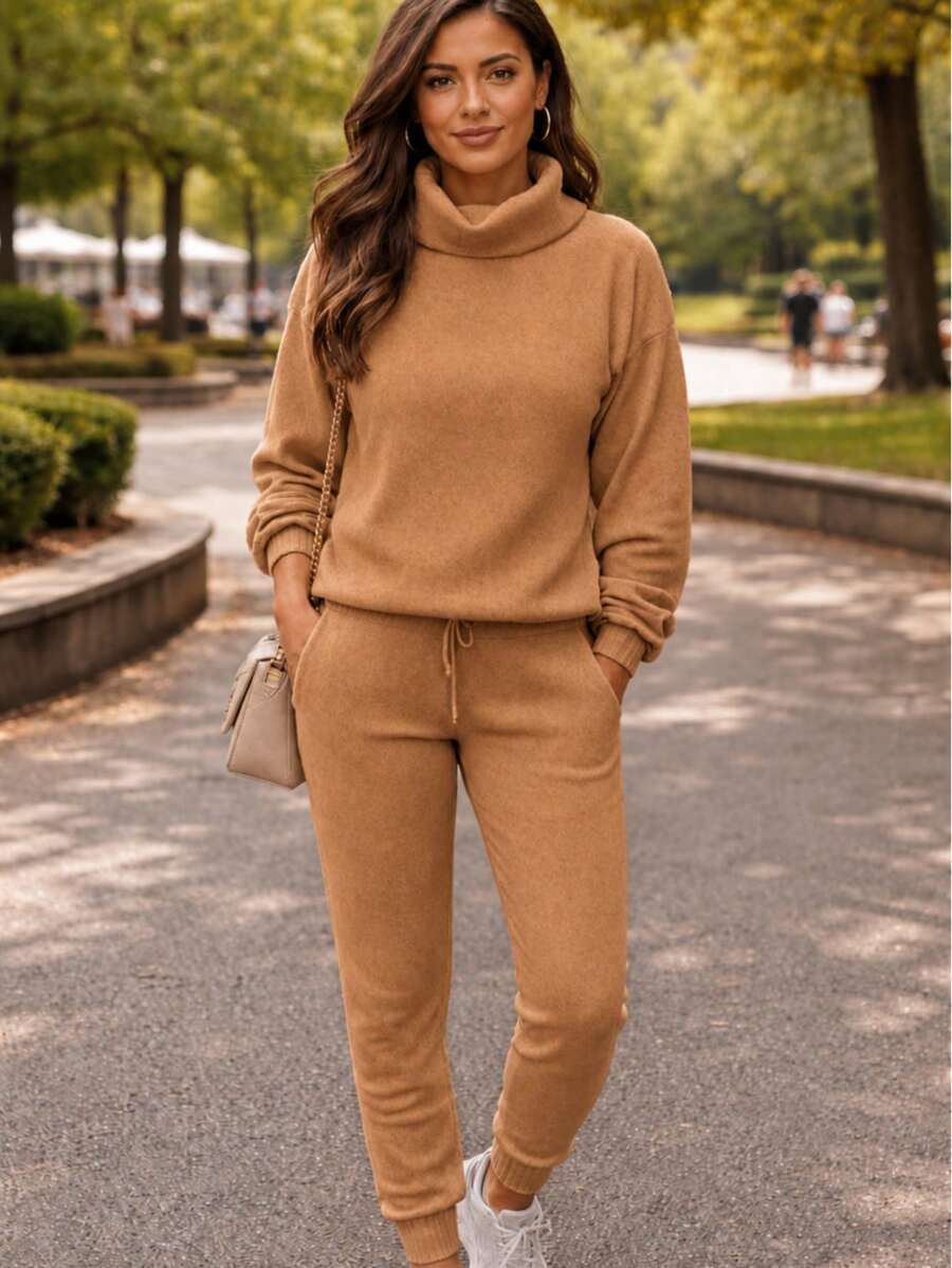 Set Of Pants And Turtleneck Sweater In Mousse Knit Fabric. - Caramel With a Fist - View 1