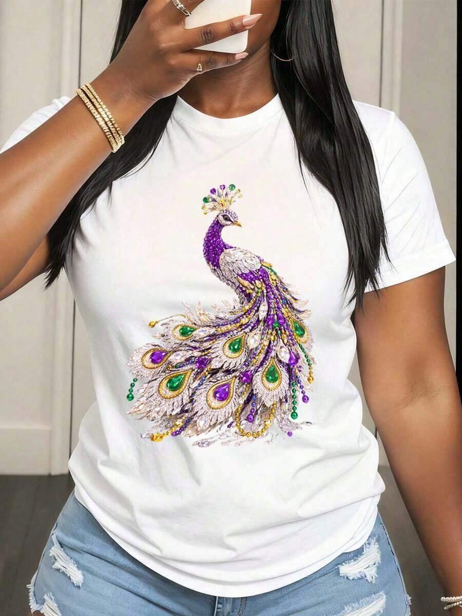 Women's Casual Short Sleeve T-Shirt With Round Neck And Fun Peacock Print With Purple And Green Gems, 100% Pure Cotton, Ideal For Parties And Festivals, Cool Summer Clothing For Women - 白色 - 查看 1