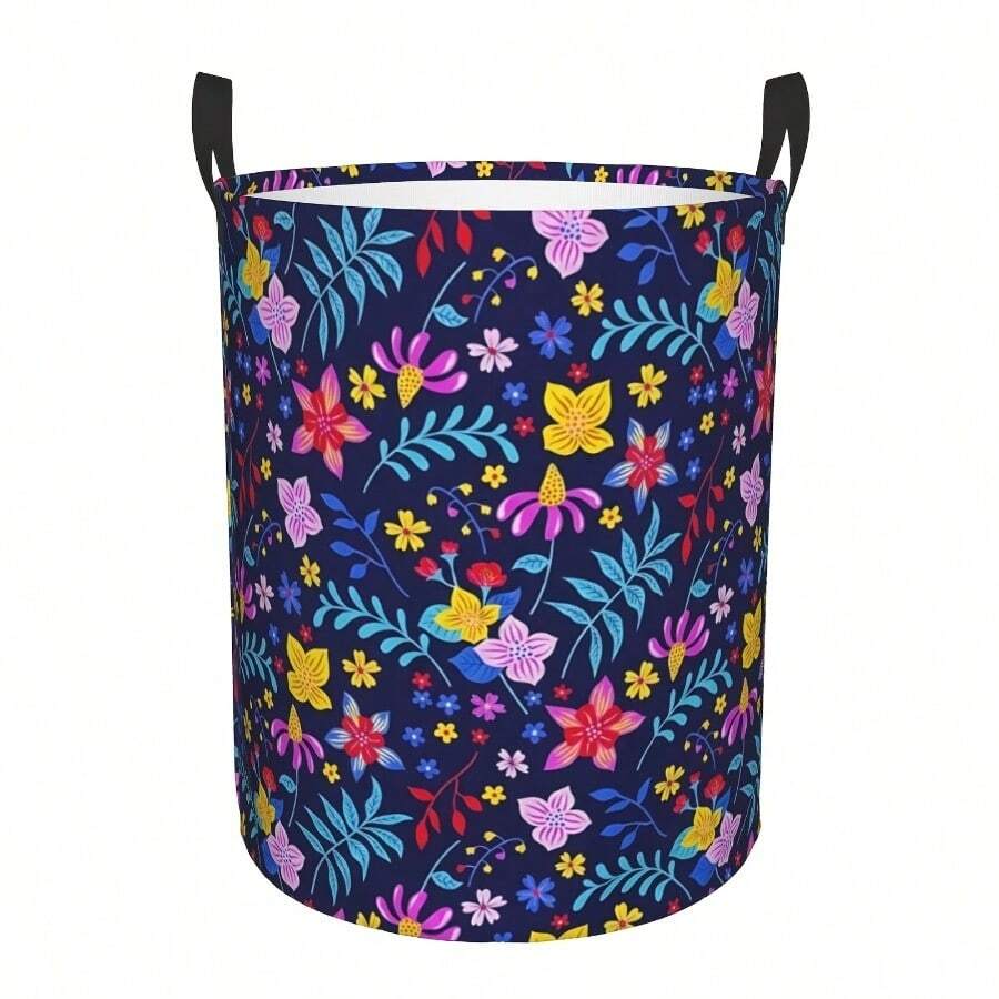 Foldable Laundry Basket With Handle - Oxford Cloth Laundry Basket, Suitable For Laundry, Portable Laundry Storage, Colored Flower Pattern, Round Portable Laundry Handling Basket, Suitable For Bathroom, Bedroom, Can Be Used As Storage Bag Or Laundry Basket - 花 D - 查看 1