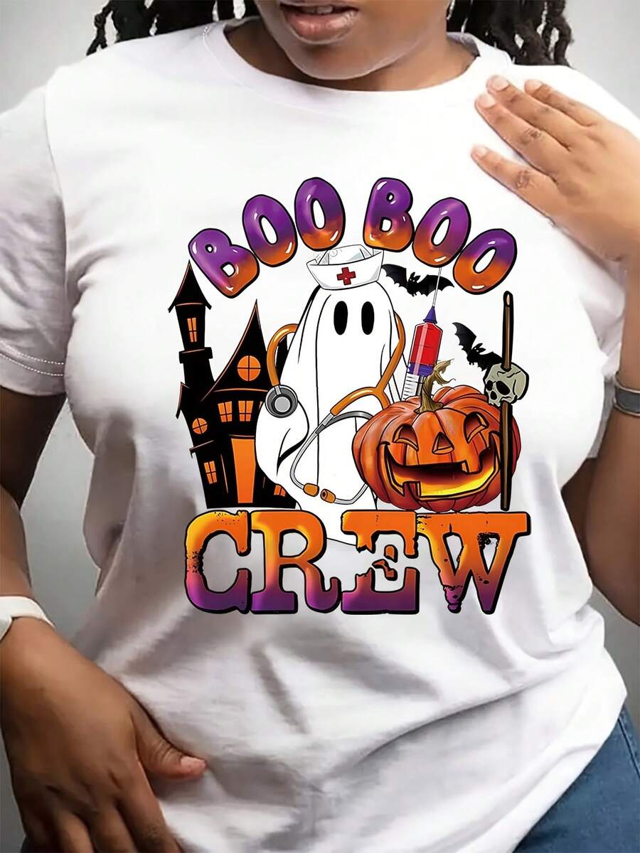 Camiseta de Halloween con estampado de enfermera fantasma de Halloween + mangas cortas + cuello redondo - Blanco - Ver 1