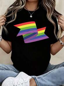 Rainbow Flag Print T-Shirt, Casual Wear For Everyday Use And Sports Activities - Vintage Urban Style, Unisex, Cotton, Short Sleeve, Round Neck, 100% Cotton - 黑色 - 查看 7