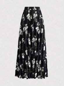 Falda de línea A con estampado floral para mujer, de moda, elegante, holgada, versátil y encantadora para vacaciones - Negro - Ver 2