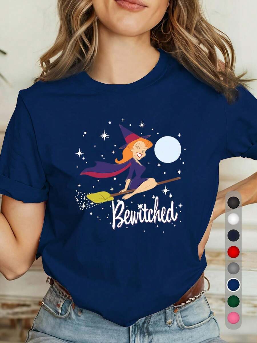 Camiseta de Mujer con Diseño de Escoba de Bruja Mágica, Luna y Cielo Estrellado - 100% Suave, Cuello Redondo, Manga Corta, Top Casual para Halloween y Uso Diario, Letras Moradas y Diseño de Cielo Nocturno Mágico, Lavable a Máquina para Comodidad en Todas las Temporadas. ZHDI - Azul - Ver 1