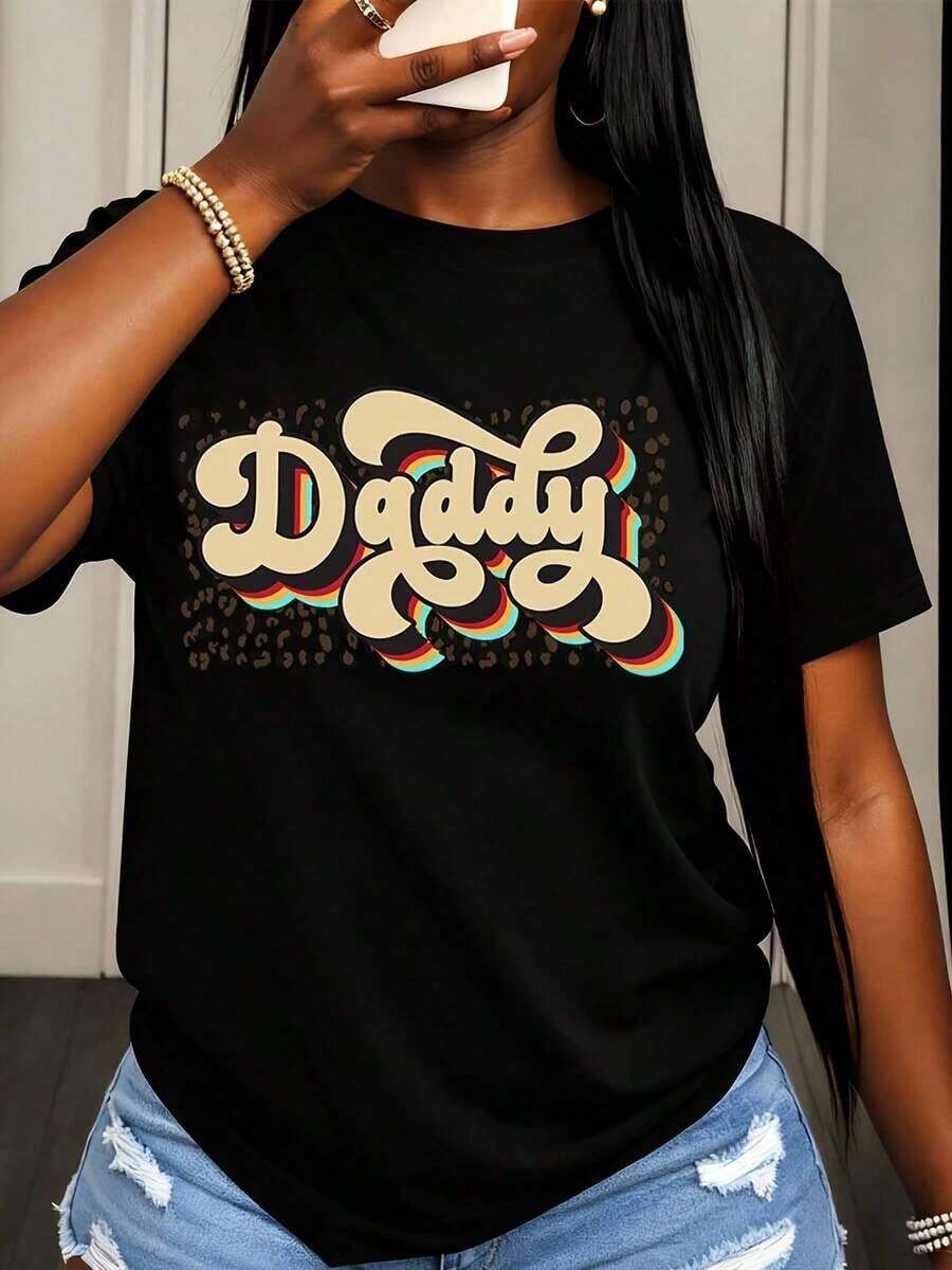 Camiseta de Mujer con Estampado de Leopardo y Diseño de Texto Arcoíris, Estilo Casual Urbano, Top de Moda para Uso Diario y Salidas - Negro - Ver 1