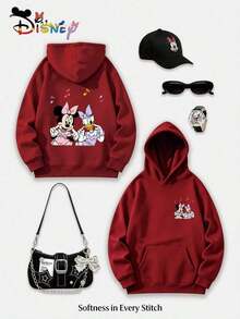 Disney Bestie Collection Y2K Printed Sweatshirt, Minnie Mouse Music Party Fun Print Loose Fit Top, Casual And Versatile Everyday Style. (Women's Autumn/Winter Clothing/Elegant Women's Outfits/Patterned Hoodies/Printed Tops/Casual Outfits For Women/Women Trending Now/Holiday Co-Ord) - Đỏ - Xem 1