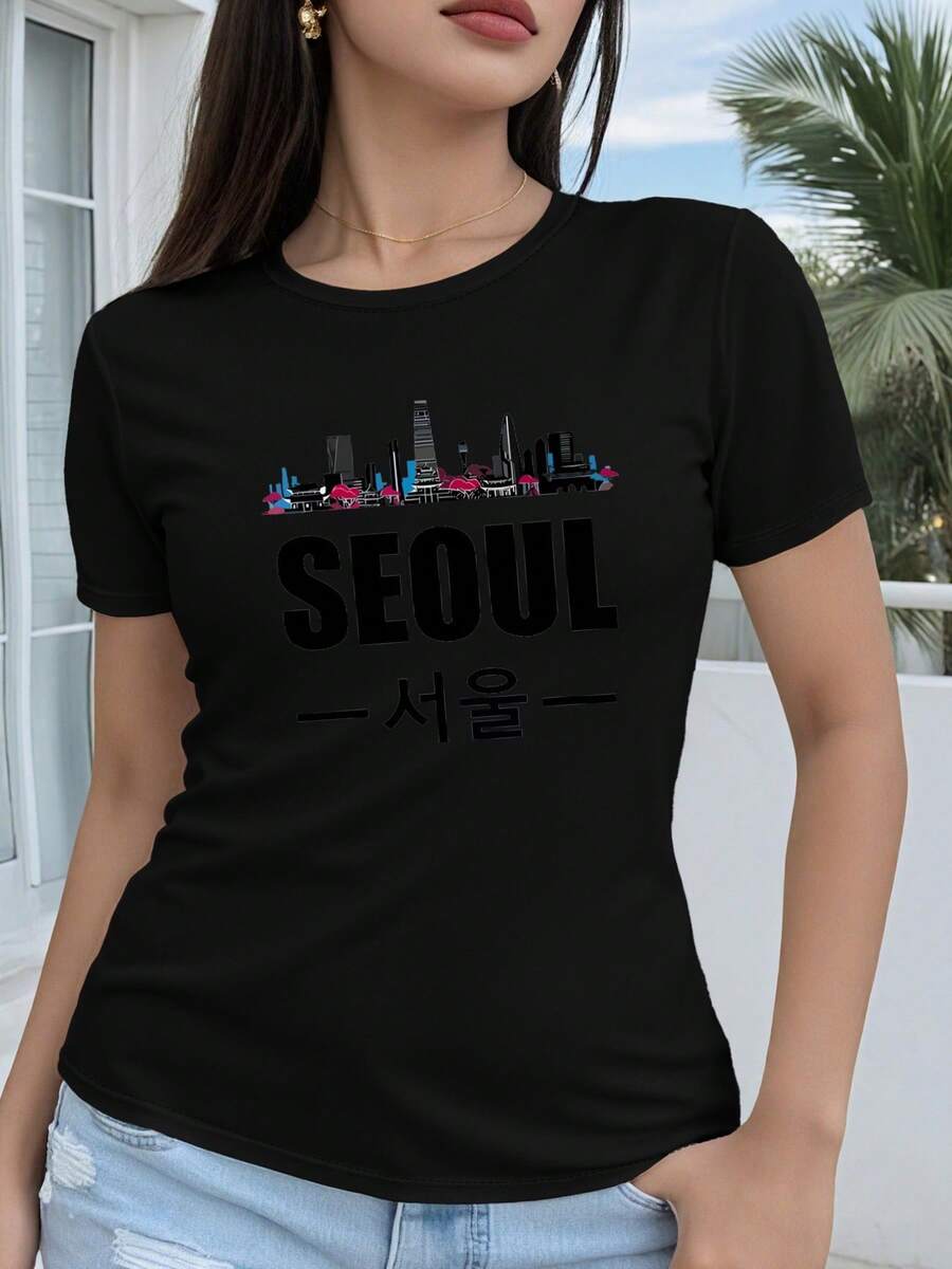 ¡Oferta por tiempo limitado, unidades limitadas, relámpago! Camisas casuales para mujer, camisetas de poliéster para mujer, camisas elegantes. Camiseta de manga corta para mujer de corte regular - Dibujo geométrico 2D Paisaje urbano de Seúl Estampado casual de manga corta con cuello redondo para todas las estaciones, múltiples colores y tamaños disponibles, moda festiva, estética retro, material transpirable, estampado divertido - Negro - Ver 1