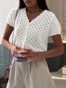 Just Masa Women's Casual And Elegant Summer Knit Blouse, Featuring A V-Neck, Ruffled Short Sleeves, Buttoned Waist And Elasticated Waist, With A Minimalist And Sweet Style, Suitable For Travel, Vacation, Work, The Beach, Dates And Everyday Wear, In White - 白色 - 查看 11