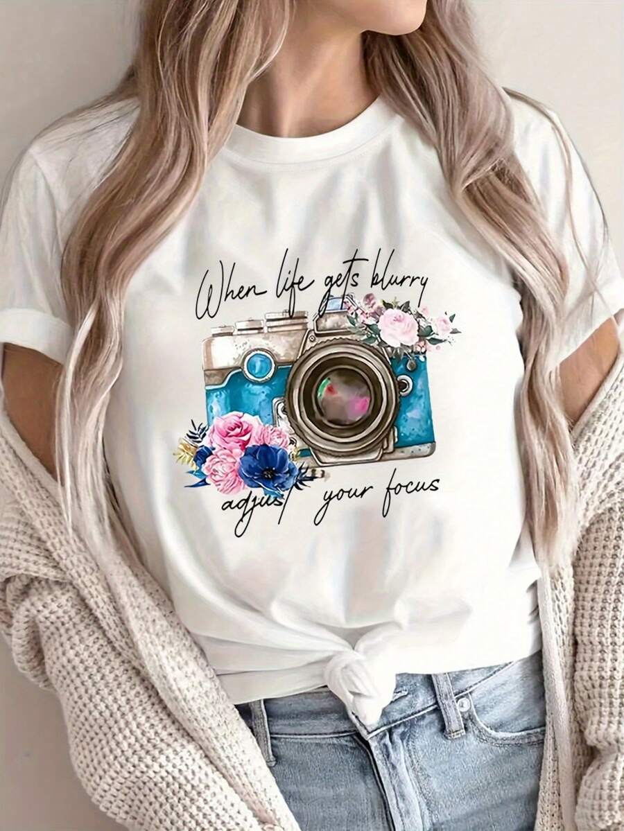 Printed Short-Sleeve T-Shirt With A Casual Crew Neck, Women's Clothing In A Standard Size, Casual Summer Sports Top, 100% Cotton, Machine Washable. 3SNK - 白色 - 查看 1