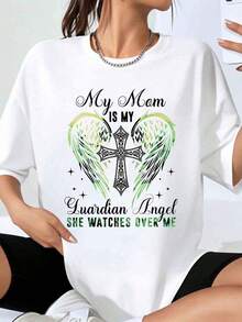 Mi Mamá Es Mi Ángel Guardián, Ella Me Vigila, Camiseta con Diseño de Alas Cruzadas para Mujer, Regalo para el Día de la Madre, Ropa de Fe Cristiana, Playera Holgada para Mujer - Blanco - Ver 1