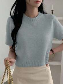 Top de punto casual corto de manga corta y cuello redondo de unicolor ajustado y corto para mujer, verano - Azul - Ver 4