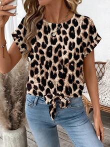 Blusa de verano estampada para mujer: Camiseta con nudo delantero linda, adecuada para salidas casuales, parte superior de abrigo para mujer, blusa floral retro, conjunto de verano para mujer - Multicolor 2 - Ver 4