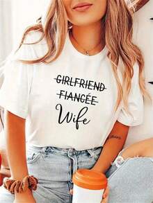 1 pieza de playera   corta 100% algodón, cuello redondo casual con estampado, letras inglesas encantadoras, manga corta transpirable para uso diario - Blanco - Ver 1