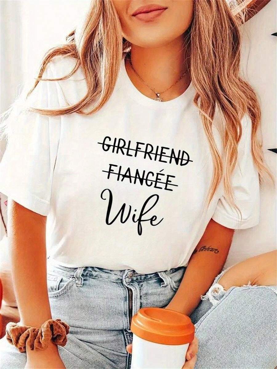 1 pieza de playera corta 100% algodón, cuello redondo casual con estampado, letras inglesas encantadoras, manga corta transpirable para uso diario - Blanco - Ver 1