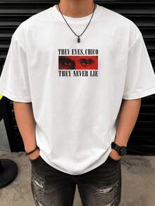 Fractyr Herren Oversize-T-Shirt mit beidseitigem Aufdruck, "Chico, sus ojos nunca mienten" Grafik-T-Shirt mit rotem Auge, inspiriert von Vintage-Streetwear - Schwarz - Übersicht 3