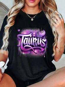 Camisetas de manga corta de verano para mujer, 100% algodón, camiseta casual rosa y morada con el signo zodiacal Tauro, tops de mujer vintage. - Negro - Ver 5