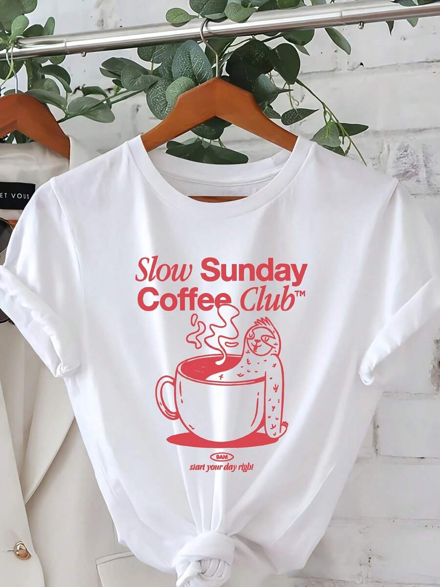 Camiseta Casual de Verano para Mujer - Temática de Slow Life Coffee Club - Camiseta de manga corta con cuello redondo, con estampados de granos de café y tazas de café, un regalo preferido para el uso diario casual de los amantes del café. - Blanco - Ver 1