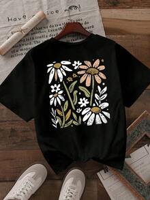 Camiseta de manga corta negra para mujer Howell All-Match Fashion, estampado floral y de margaritas dibujado a mano, casual y fresca, 100% algodón. - Negro - Ver 4