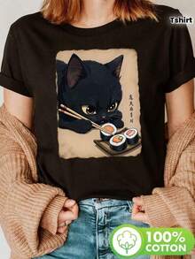 Camiseta de gato negro comiendo sushi de algodón 100% para mujer joven, diseño divertido y original, cómodo y fácil de combinar en verano e invierno, disponible en talla M y L, color negro elegante, ideal para amantes de los gatos y la moda casual.Camiseta de moda y . - Negro - Ver 1