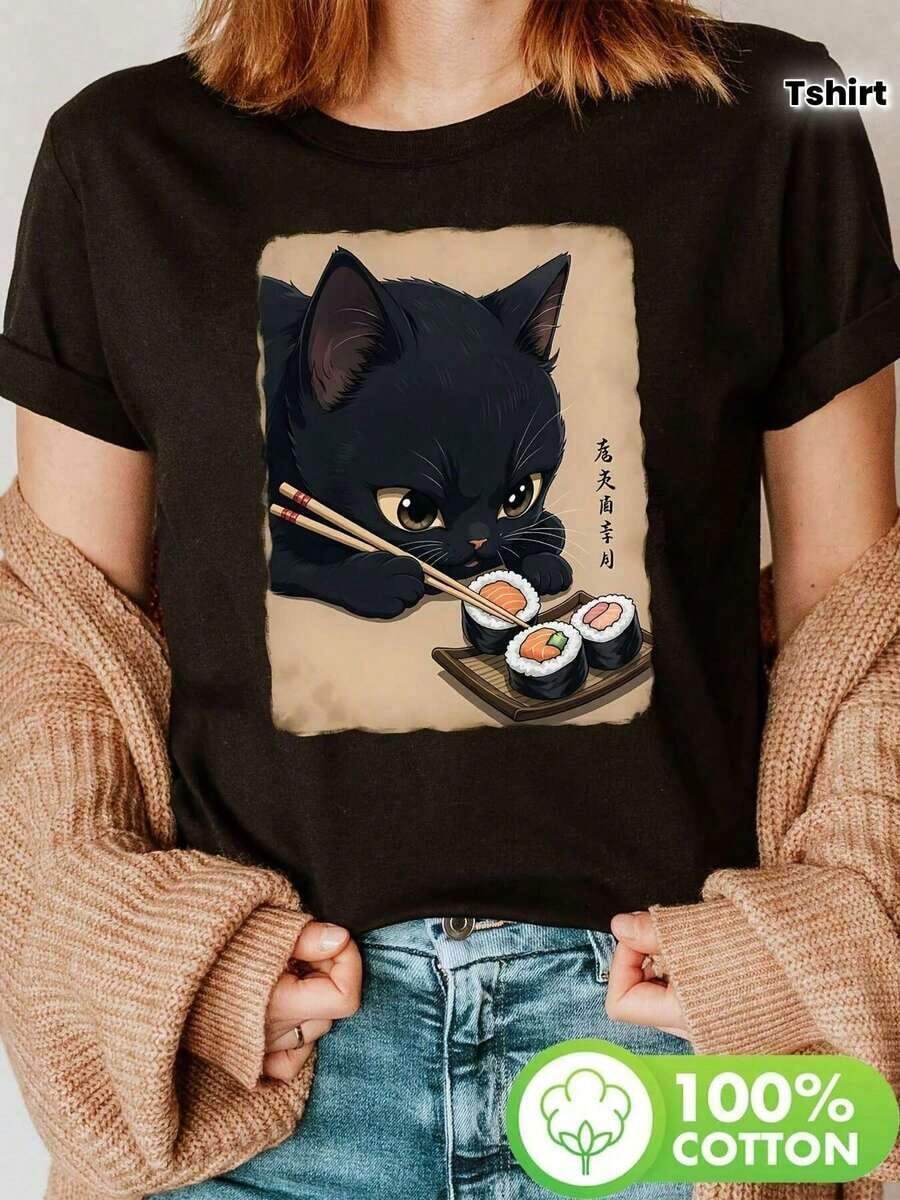 Camiseta de gato negro comiendo sushi de algodón 100% para mujer joven, diseño divertido y original, cómodo y fácil de combinar en verano e invierno, disponible en talla M y L, color negro elegante, ideal para amantes de los gatos y la moda casual.Camiseta de moda y . - Negro - Ver 1