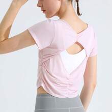 Top deportivo corto para mujer con efecto fresco, secado rápido y diseño de espalda descubierta, ideal para yoga y entrenamiento - Polvo de camarones TX29 - Ver 3