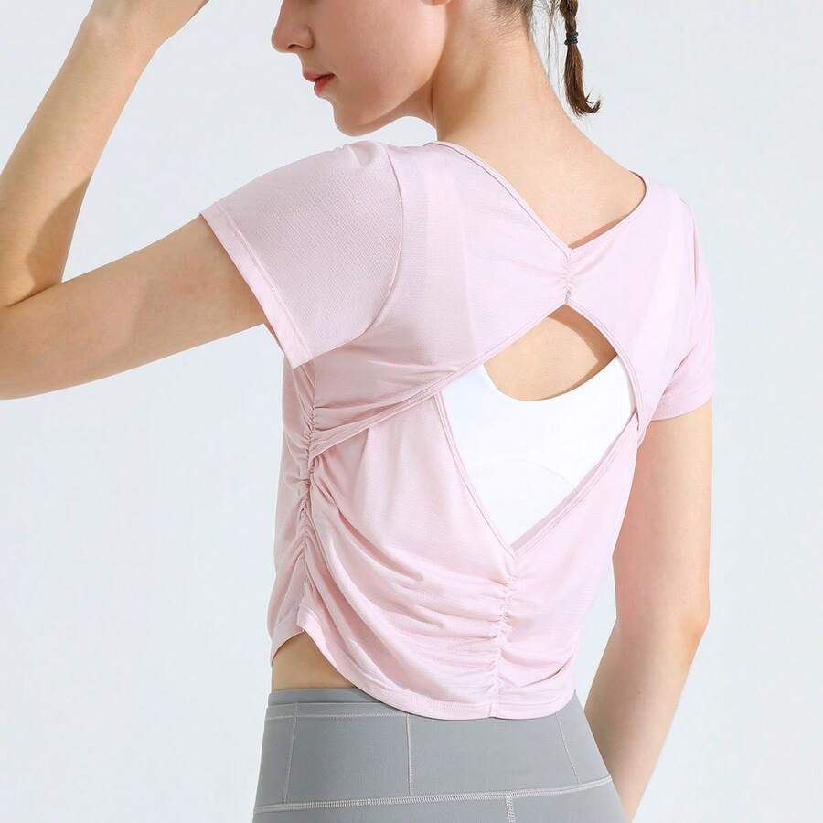 Women's Cropped Sports Top With A Cool, Quick-Drying, Open-Back Design, Ideal For Yoga And Training - TX08水霧粉 - 查看 1