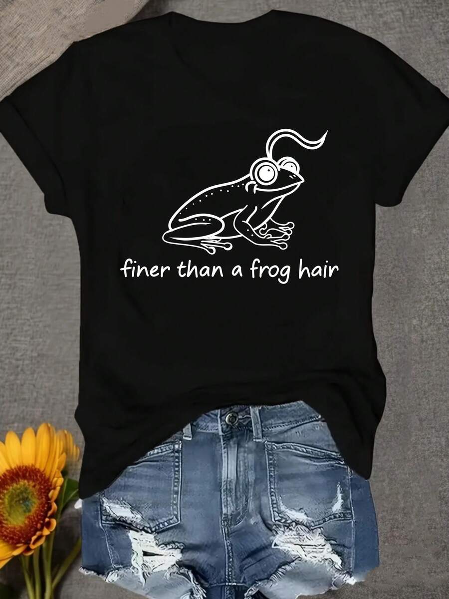 Una camiseta de manga corta para mujer, moderna, a la moda, retro, casual y holgada, adecuada para actividades al aire libre en primavera y verano, con estampado de rana, un suéter casual de cuello redondo para el uso diario.|Camiseta de mujer cómoda y suave, de tela ligeramente elástica, corte regular, mangas cortas, adecuada para todas las estaciones.blusas para mujer,blusas casuales para dama,tops,, mujer premium,y2k,playeras de mujer curvy,ofertas y liquidaciones ropa mujer,playeras deportivas para mujer,,playeras de hombre, mujer,blusas>elegante NGB5 - Negro - Ver 1