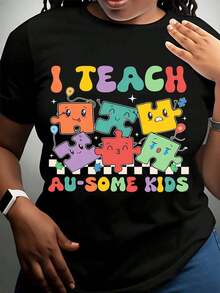 Camiseta de Profesor "I Teach Au Some Kids  Awareness Puzzle Piece" para Maestros de Educación Especial y Cuidadores, Regalo Perfecto para el Día Mundial de Concientización sobre el o y Eventos Escolares, 220g - Estilo Vintage Urbano, Unisex, Camiseta de Manga Corta de Algodón Suelto con Cuello Redondo, 100% Algodón. - Negro - Ver 3