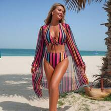 Traje de baño de tres piezas a rayas de nuevo estilo y a la moda con bikini de cobertura. - Patrón 2 - Ver 8