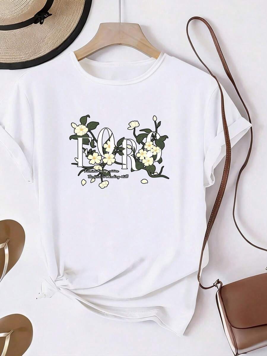 Camiseta de mujer, top moderno y elegante para señoritas, estampada con diseños florales y de letras, de estilo elegante y natural. Hermosa camiseta de manga corta con cuello redondo, disponible en múltiples tallas y colores, corte deportivo casual, para uso diario. - Blanco - Ver 1