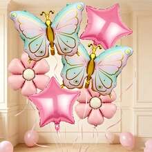 6pcs Pink Star Flower Butterfly Foil Balloons - Gradient Butterfly Design + Pentagram + Flower Balloons, Suitable For Birthday Party, Wedding, Engagement, Girl Theme Party Decoration - View 2