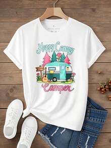 Camiseta de Algodón Estilo Vintage con Estampado de Slogan de Lisboa, Negra, Casual, de Cuello Redondo, con Diseño de Autocaravana Vintage y Pino, Perfecta para Todas las Temporadas. Esta camiseta de manga corta es ideal para un uso relajado y está hecha de tela elástica para el uso diario en verano. - Blanco - Ver 3