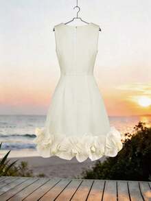 Vestido blanco elegante y casual sin mangas con volantes en el bajo para mujer - Vestido mini de unicolor elegante con cuello redondo, vestido casual de verano para invitada a boda en la playa, vestido corto con volantes y vuelo para cóctel, vacaciones, uso diario y ocasiones especiales, vestido de verano clásico blanco para mujer - Albaricoque - Ver 2