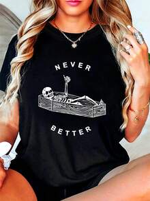 Talla - Talla - Un Esqueleto Yace en un Coffin Dando un Pulgar Hacia Arriba con la Impresión NEVER BETTER en una Camiseta Elegante Casual de Cuello Redondo para Mujer de Talla para Primavera y Verano - Negro - Ver 3