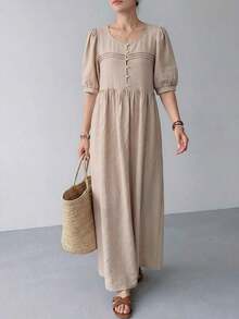 – Vestido largo de verano con mangas cortas, estilo sencillo y básico, cómodo para uso diario y salidas informales. - Verde militar - Ver 8