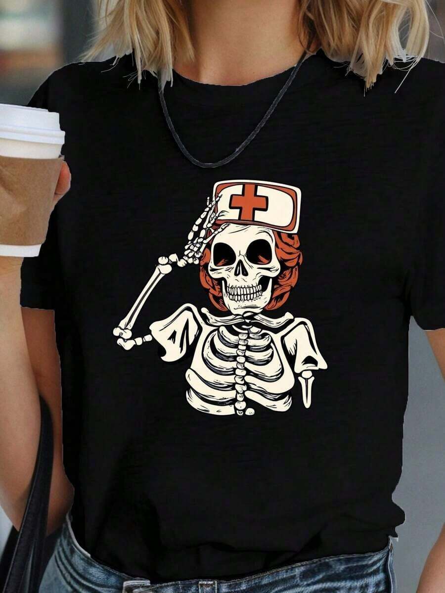 playeras de mujer algodon Camiseta de confitería para mujeres enfermeras de Halloween esqueletos >ropa - Negro - Ver 1