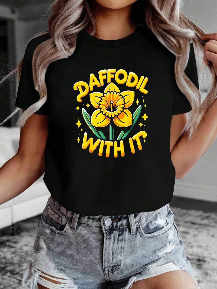 Camiseta de mujer, casual para uso diario, con motivos de narcisos y estrellas, estampado DAFFODIL WITH IT, camiseta casual de moda para mujer de talla grande con cuello redondo para primavera-verano. - Negro - Ver 1