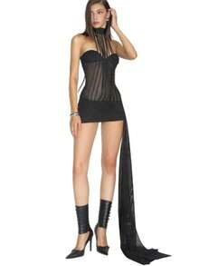 Vestido ajustado nueva llegada, cuello colgante con malla combinada, espalda descubierta y corte entallado - Negro - Ver 3