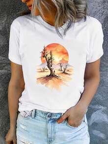 Camiseta de manga corta con cuello redondo para mujer, estampada, moderna y casual, lavable a máquina, ajuste cómodo, estampado plano 2D Blusas Para Mujer Casual. - Blanco_08 - Ver 7
